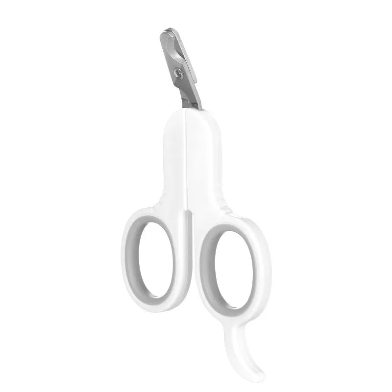 Professional grey pet nail clippers with curved tip and rubber-coated handle for trimming cat and small dog claws.