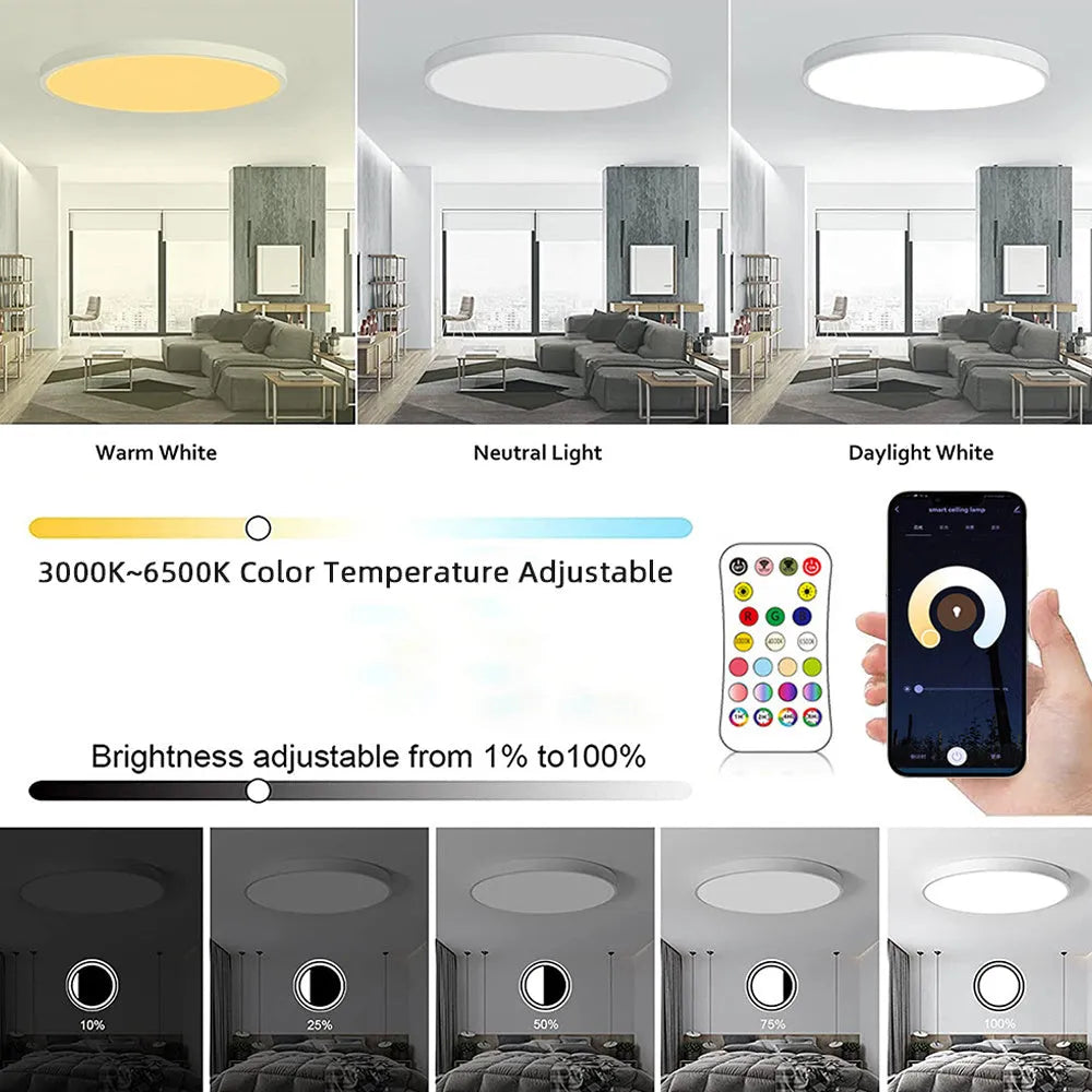 Black or white intelligent Bluetooth ceiling lamp with RGBCW colour control and adjustable white light