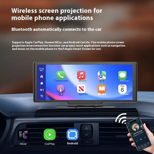 10-inch car smart screen with Apple CarPlay and dash cam mounted in vehicle