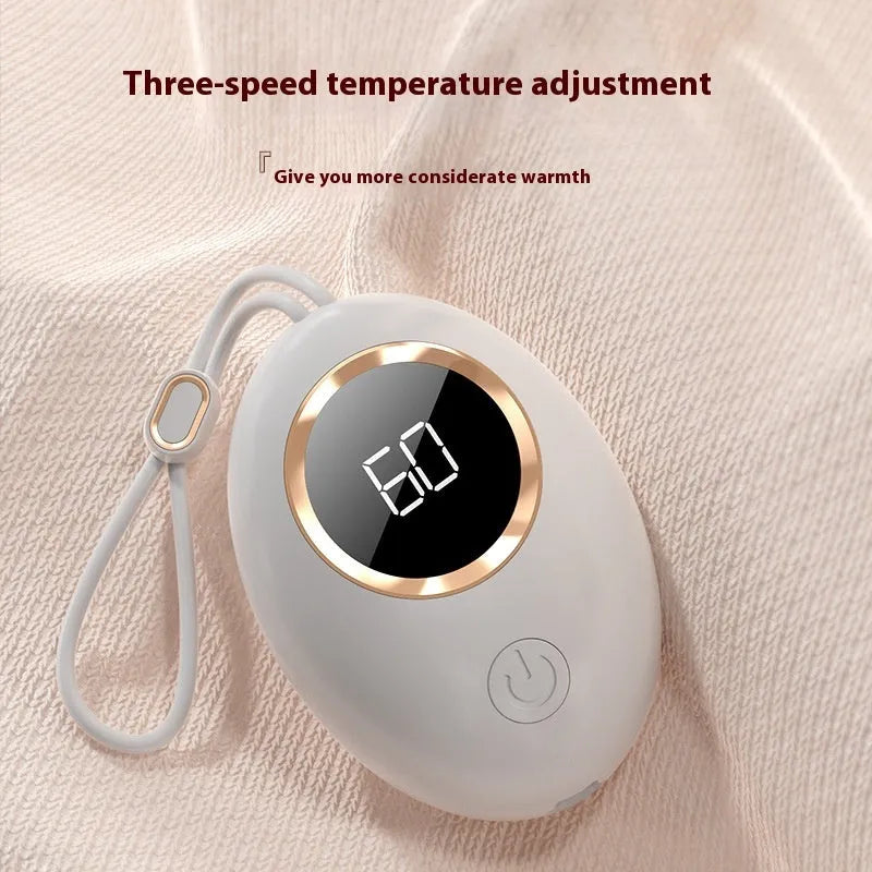 USB-powered hand warmer power bank with digital display showing aluminium heat dissipation surface in multiple colour options