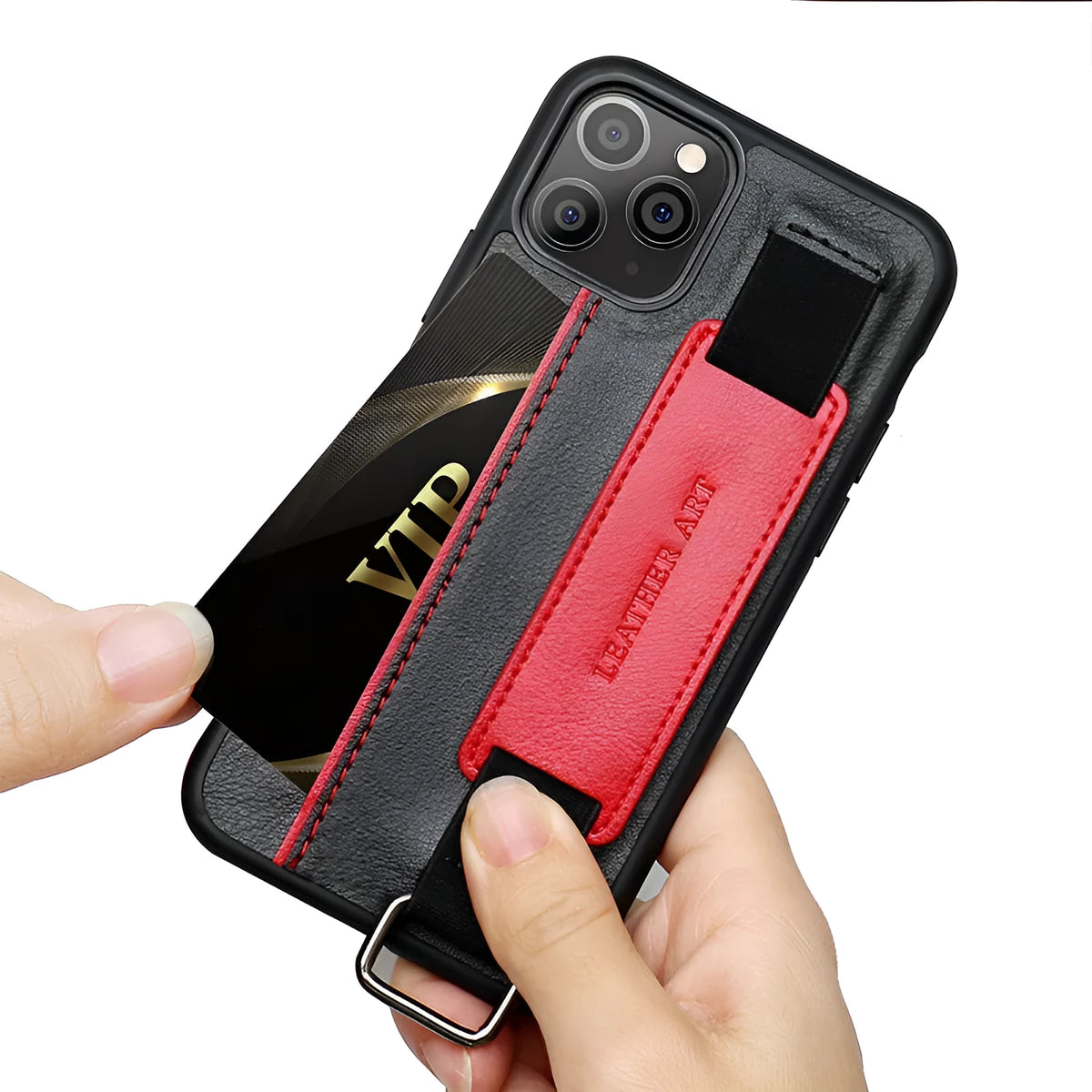 Brown imitation leather iPhone case with wrist strap showing stitching details