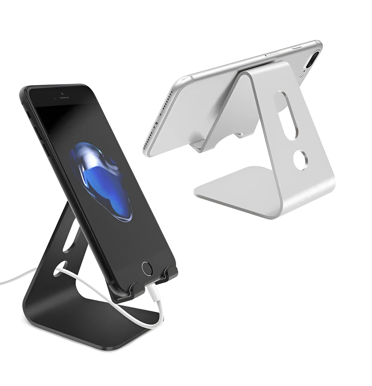Aluminium alloy universal phone holder in black, red, rose gold, and silver colours for tablets and mobile phones.
