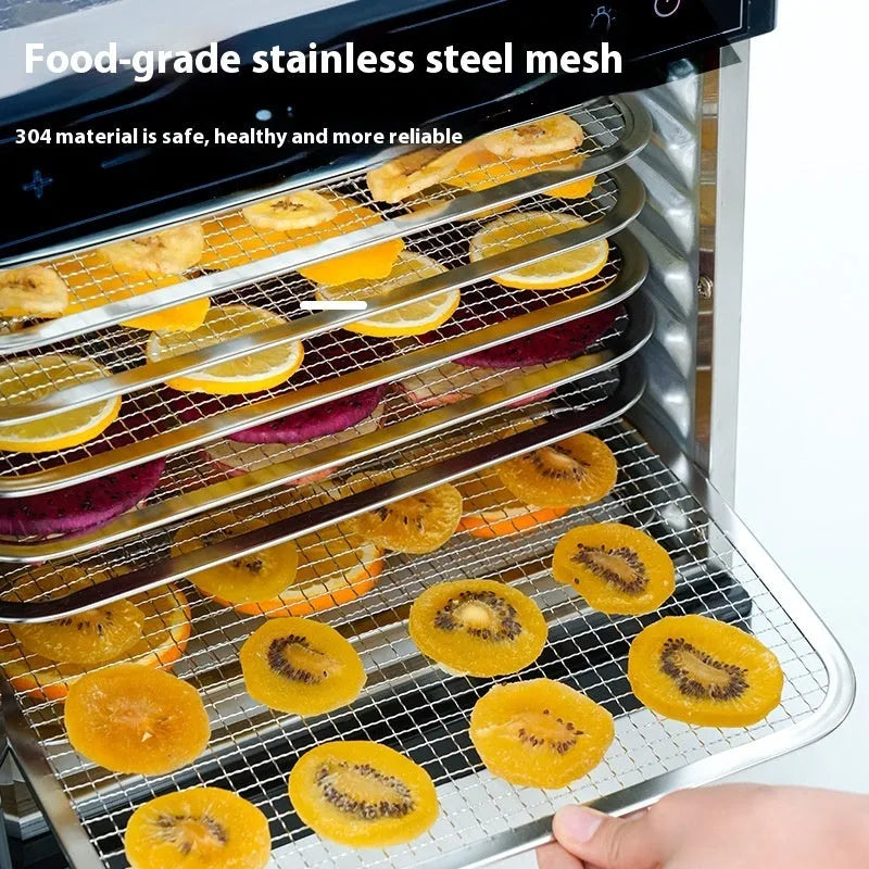 Stainless steel fruit dehydrator appliance with multiple stacking trays and an LED control panel.