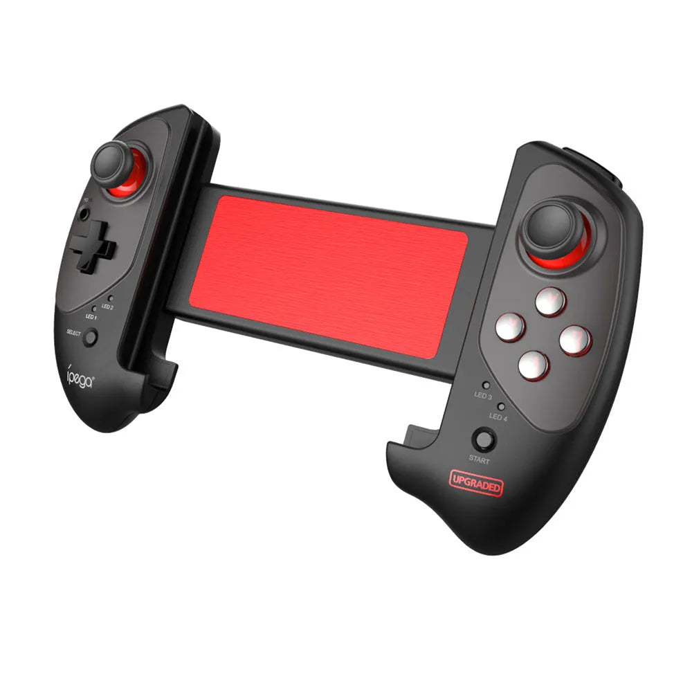 Red telescopic gamepad controller extended to hold a mobile phone with Bluetooth and USB connectivity options