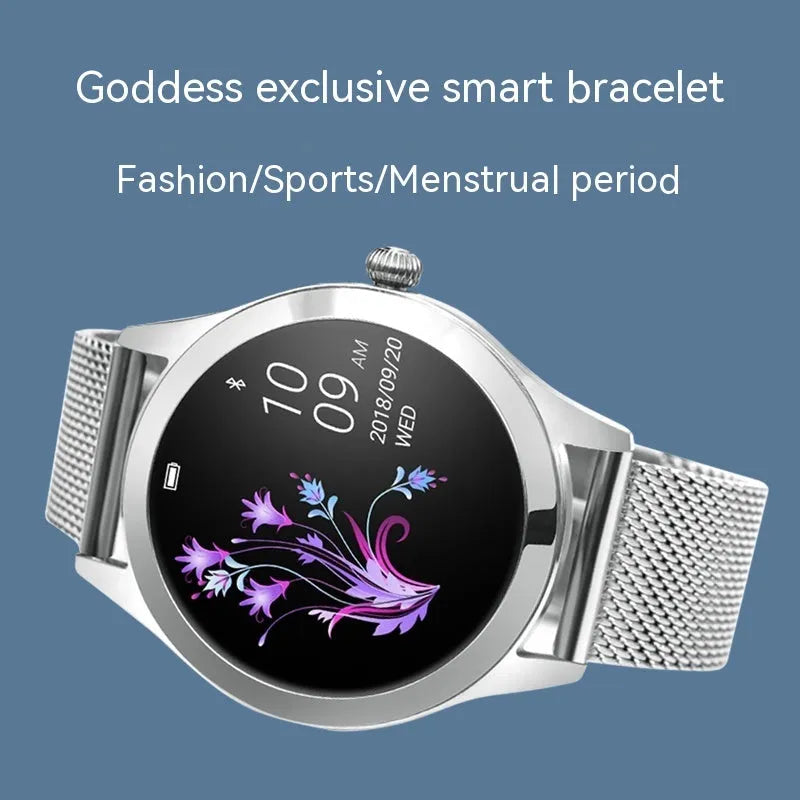 Women's sports smartwatch showing fitness tracking display on wrist, available in black, white, rose gold, and silver.