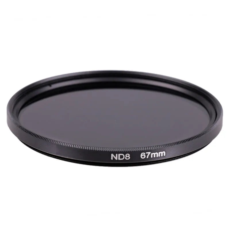 ND8 neutral density camera filter with silver aviation aluminium frame for lens attachment.
