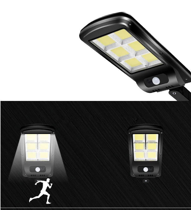 Black outdoor solar motion sensor security light mounted on a wall or fence post.