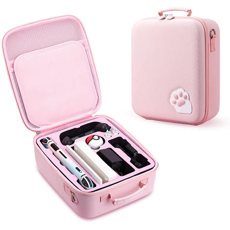 Nintendo Switch cat claw accessory storage bag in black, blue, or pink with diagonal strap.
