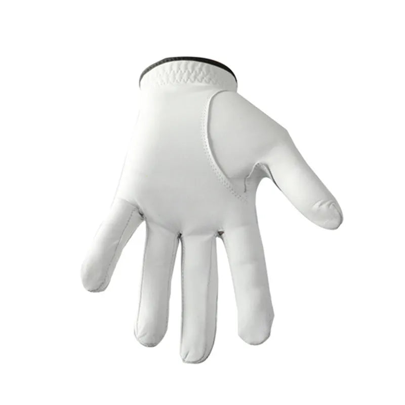 White men's golf glove made from half sheepskin leather showing palm grip detail