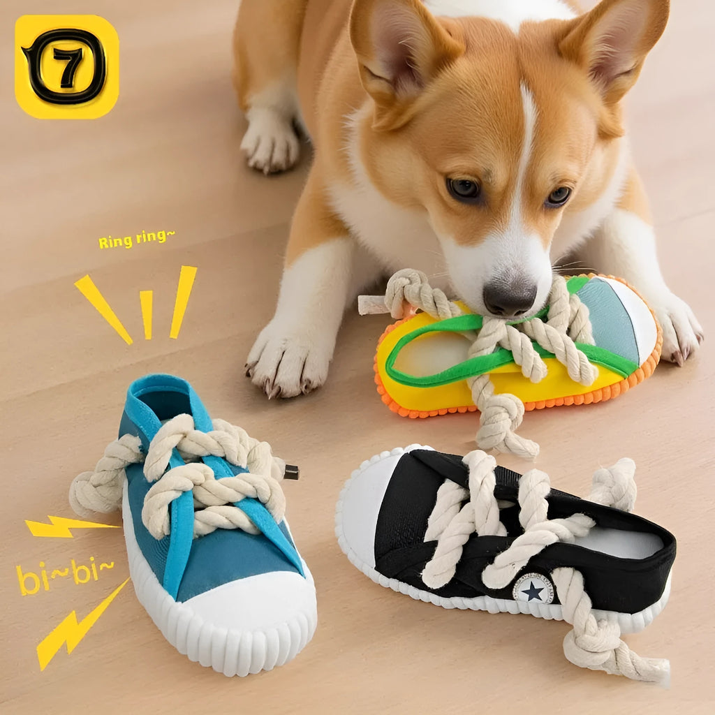 Plastic sound slippers dog chew toy in yellow with flexible bendable design