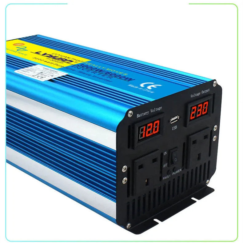 Blue 3000W 6000W dual display car power inverter with remote control and UK plug socket.