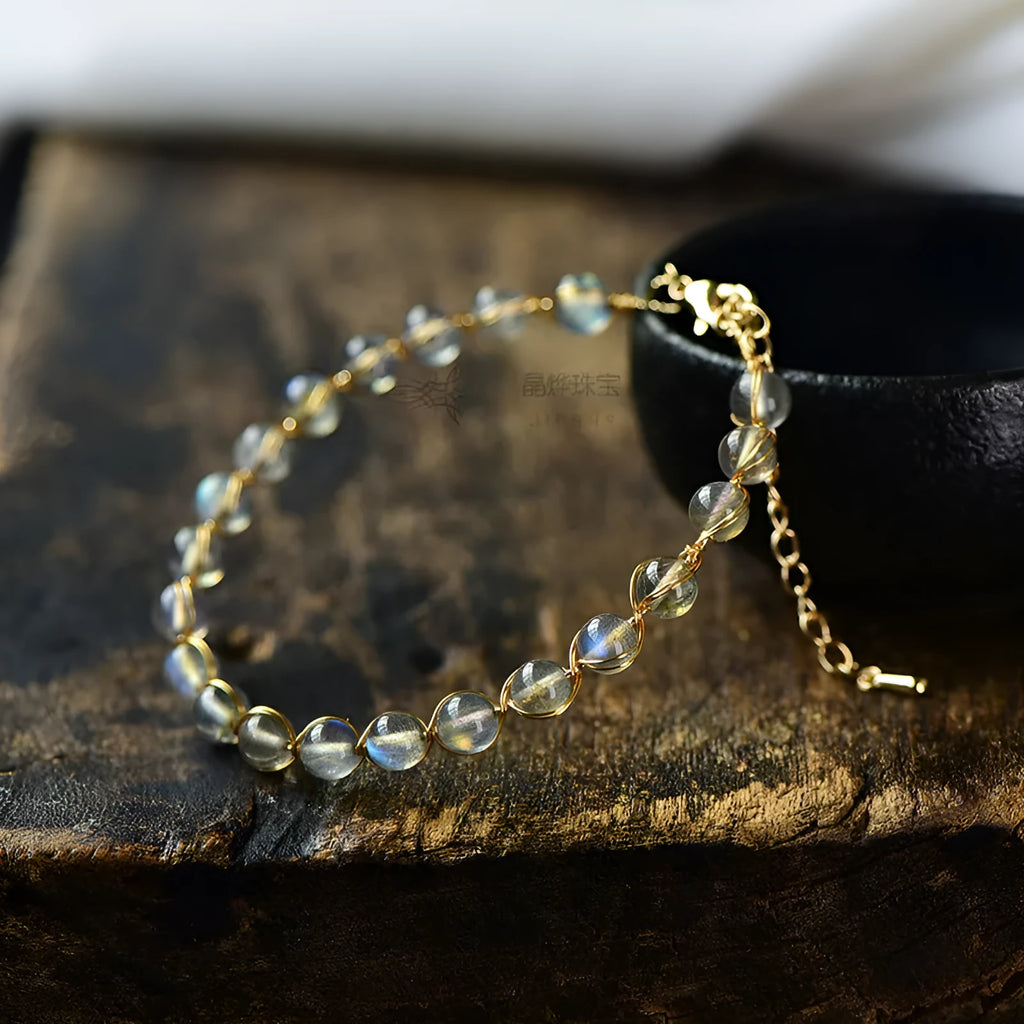 Women's blue moonstone crystal bracelet with 6mm stones on 14K gold-plated chain