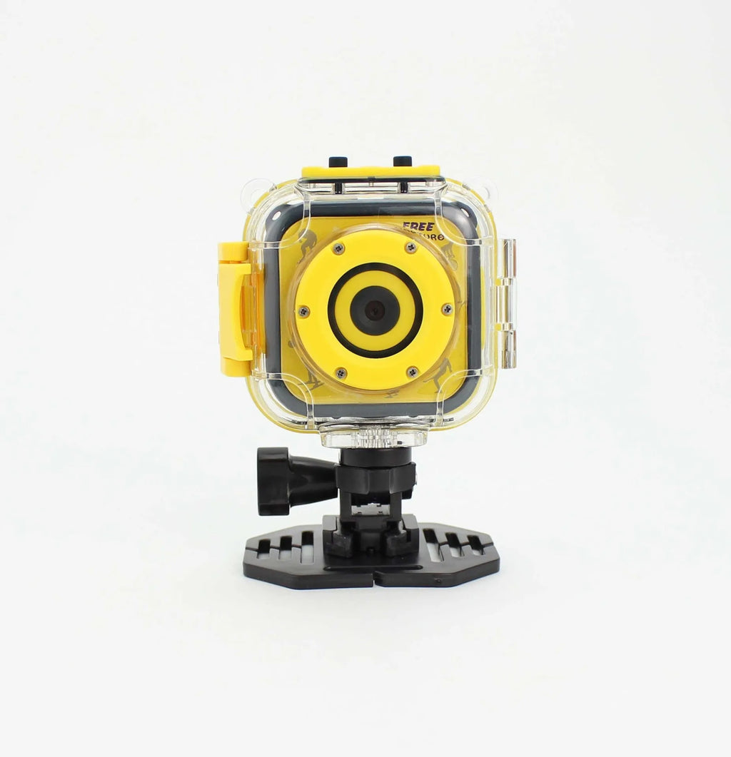 Yellow children's waterproof sports camera showing front with lens and 1.77-inch screen.