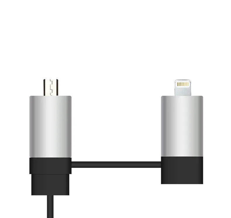 Black and gold dual USB car charger with retractable cable shown plugged into car dashboard