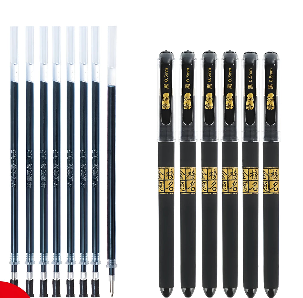 Set of eight black gel pens with anti-fatigue barrels and quick-drying ink.