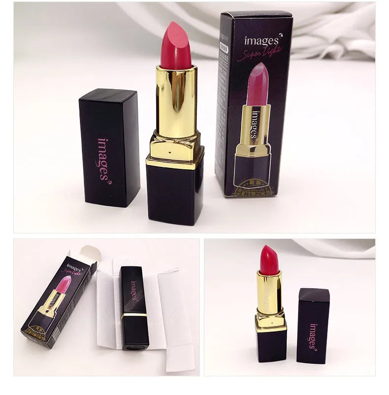Moisturising lipstick lip gloss in ten colours including coral red and rose purple, 3.8g per stick.