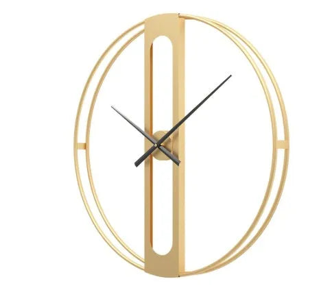 Round metal wall clock with 50cm diameter face in black or gold colour on white wall