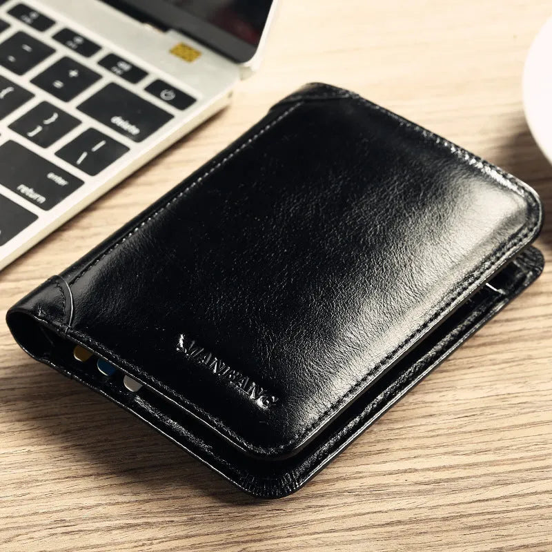 Men's brown leather wallet open to show card slots, ID window, coin pocket, and banknote fold.