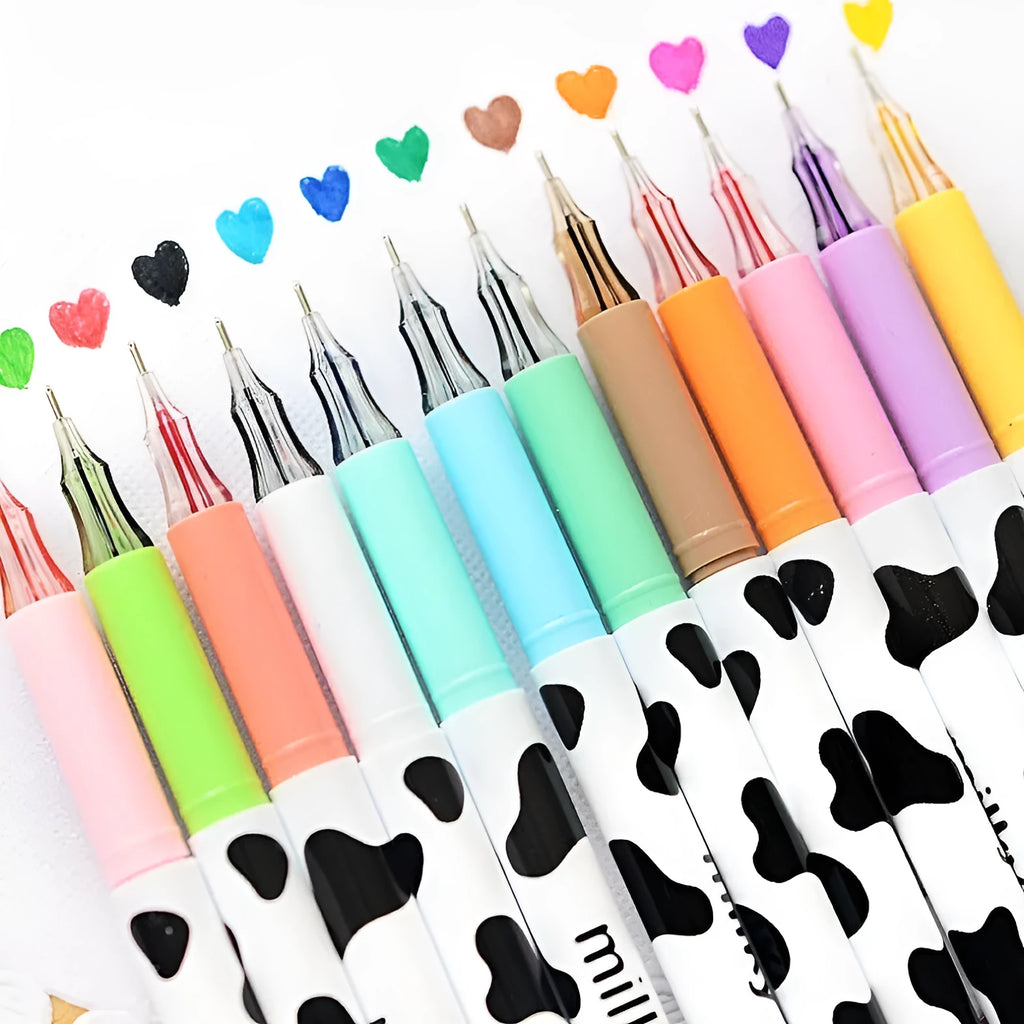 Set of 12 cow colour gel pens with 0.38mm fine tips arranged in a box