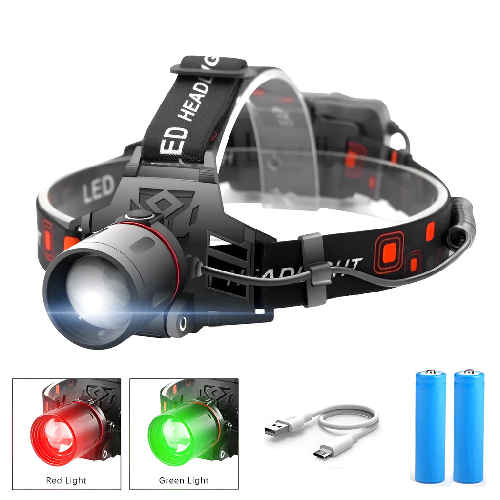 T6 LED zoom headlamp showing white, green, and red light modes on a head strap