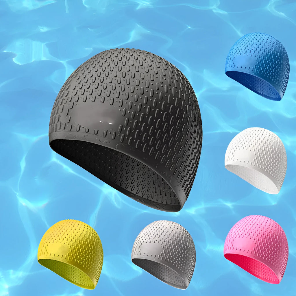 Silicone adult swimming cap in multiple colours including Tiffany Blue, Cherry Blossom Pink, and Matcha Green