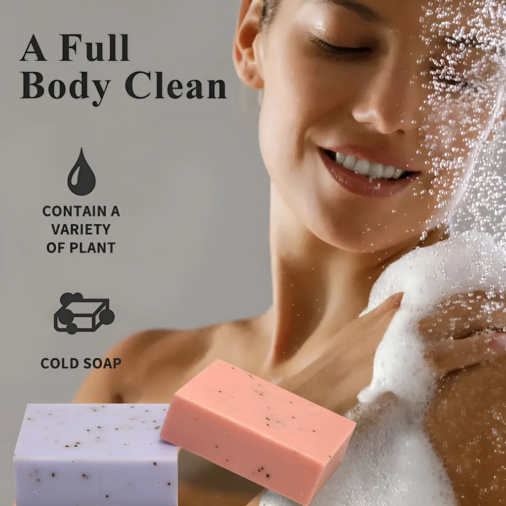 Handmade plant essential oil soap bars in coconut, green tea, lavender, and rose scents