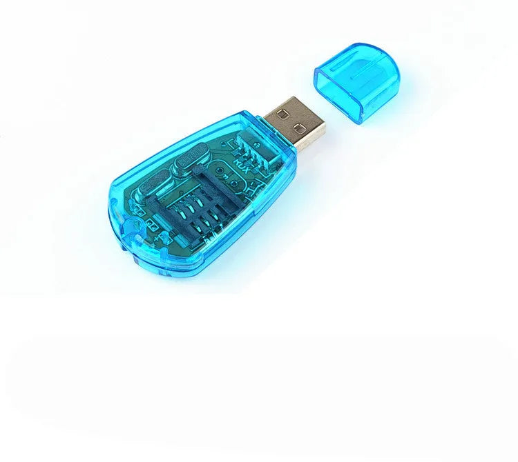 Blue mobile phone SIM card reader with USB connector for data backup.