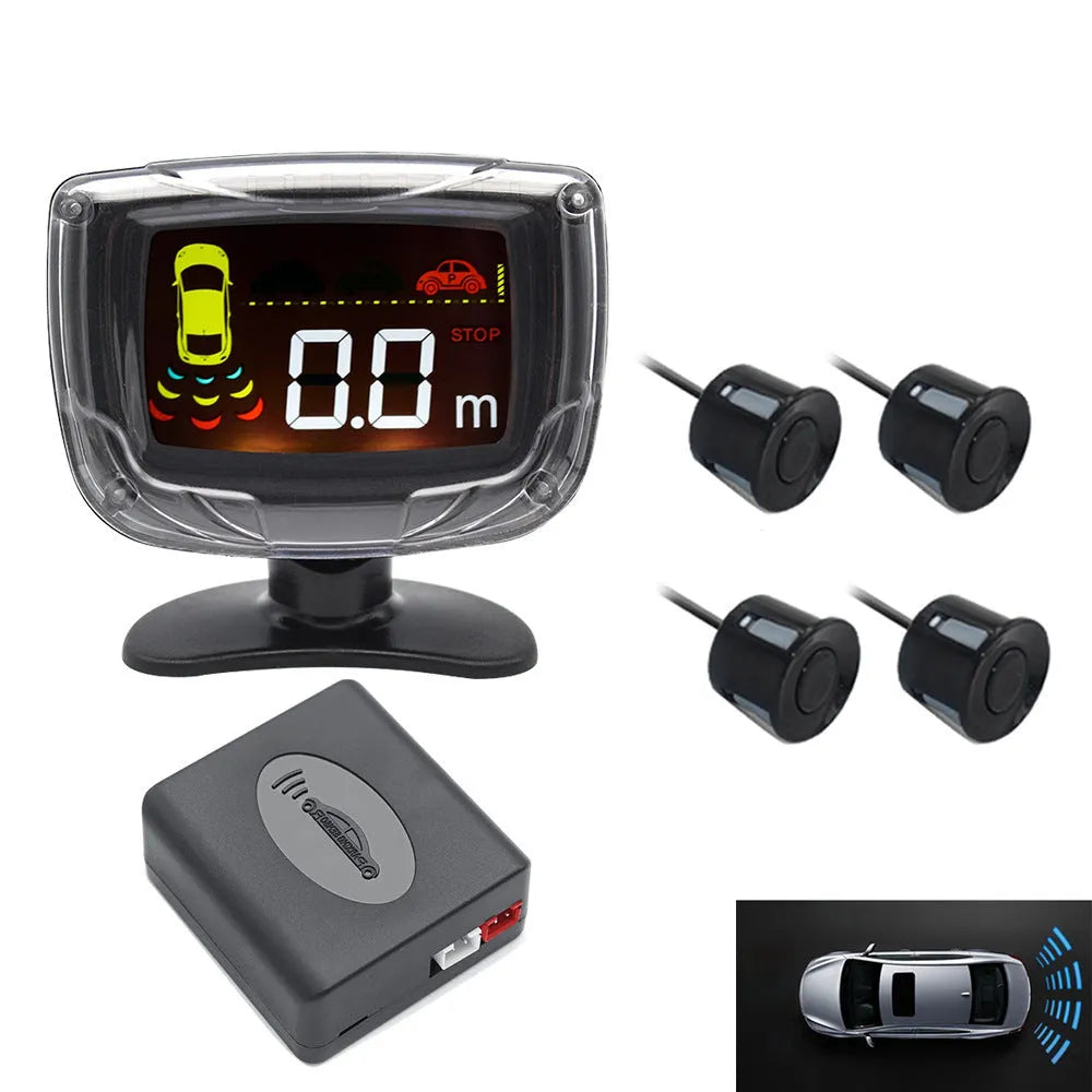 Wireless reversing sensor system with LED display and four embedded probes for vehicle parking safety
