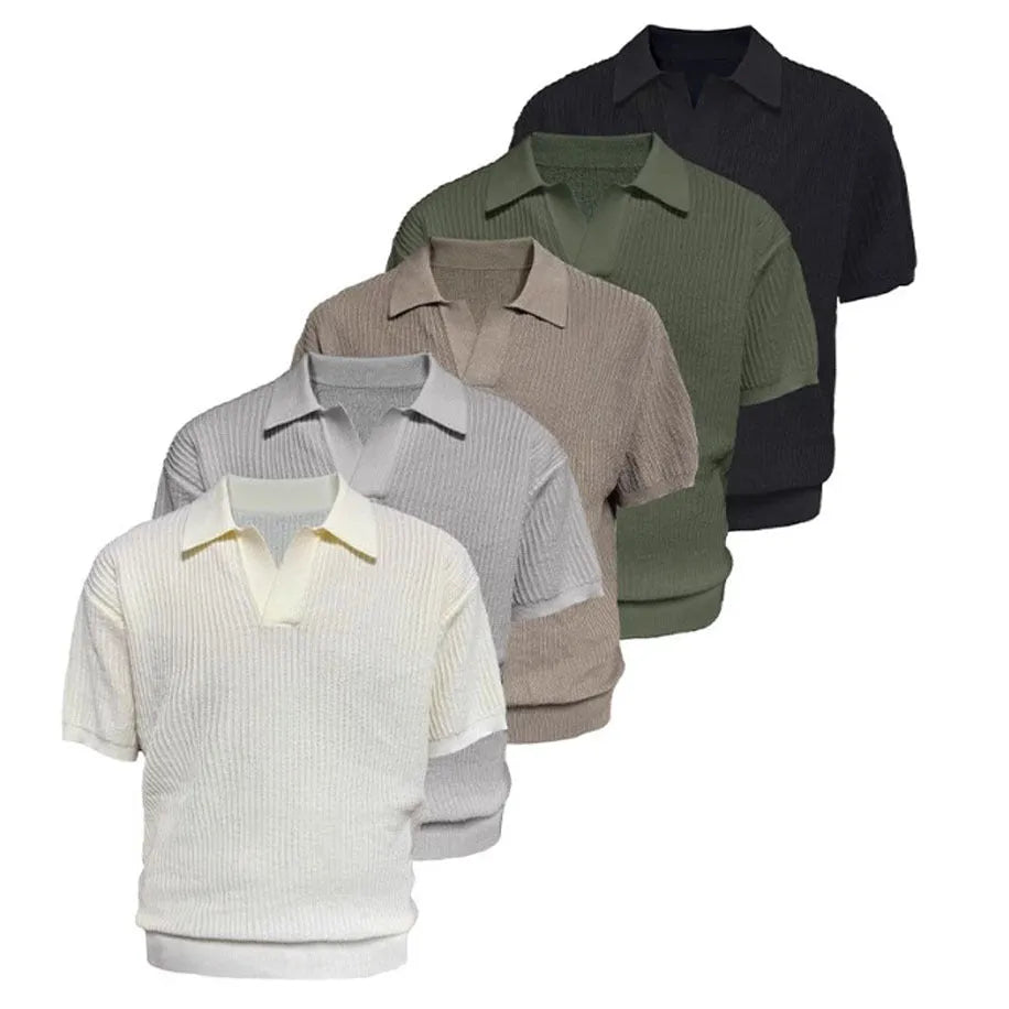 Men's loose-fit ice silk polo shirt with striped collar in grey