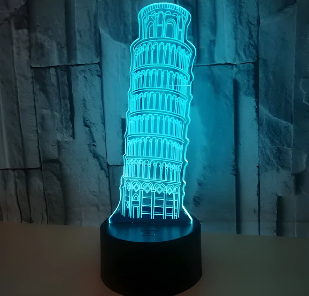 3D Leaning Tower of Pisa acrylic nightlight glowing in blue with remote control