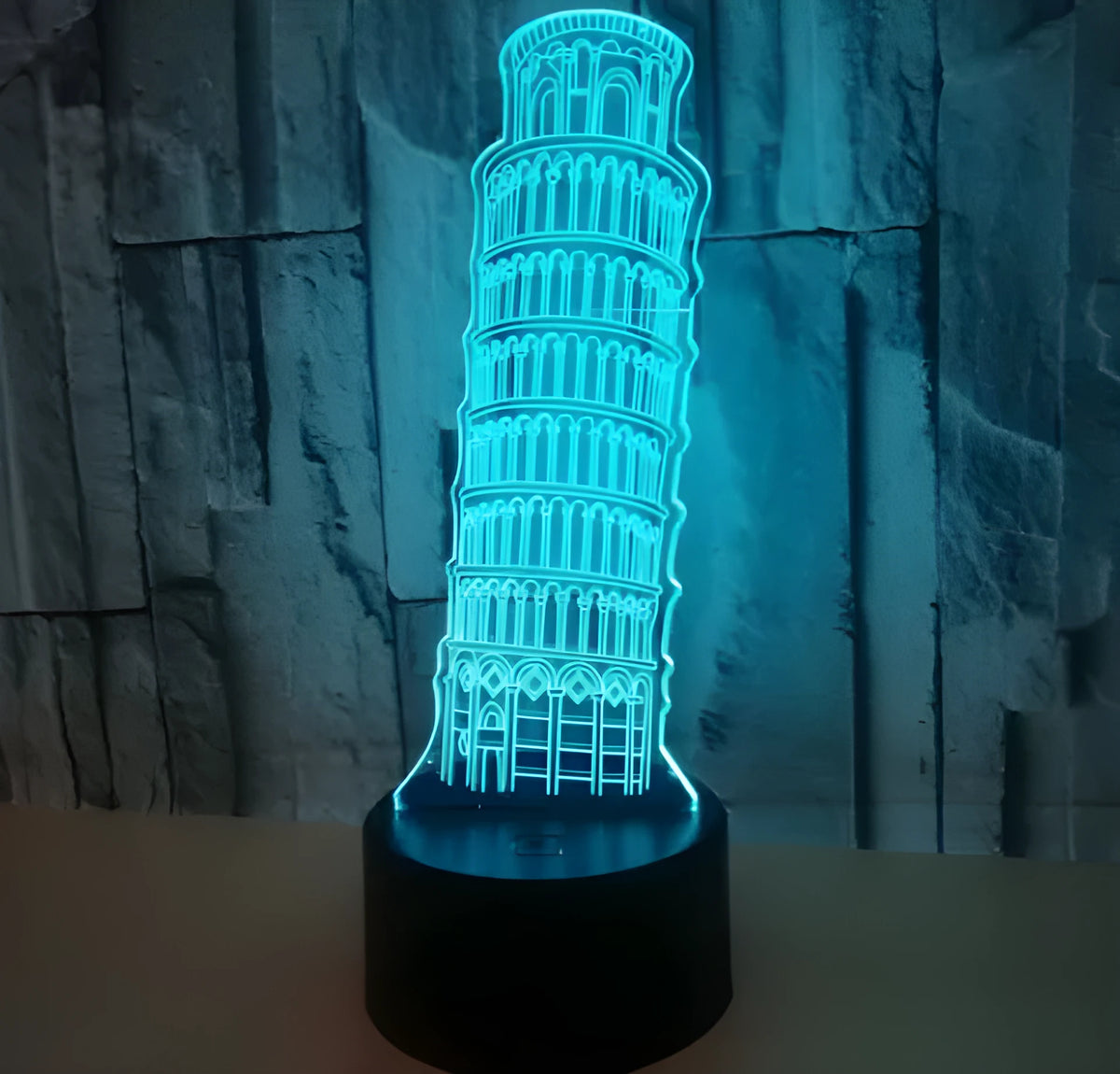 3D Leaning Tower of Pisa acrylic nightlight glowing in blue with remote control