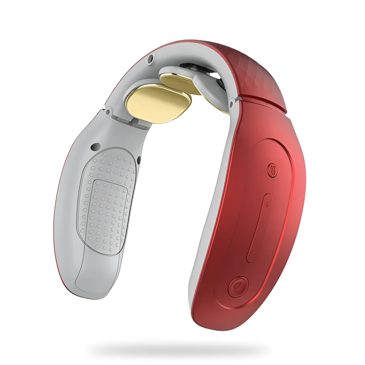 Red and white intelligent handheld cervical massager with control panel on a grey background.