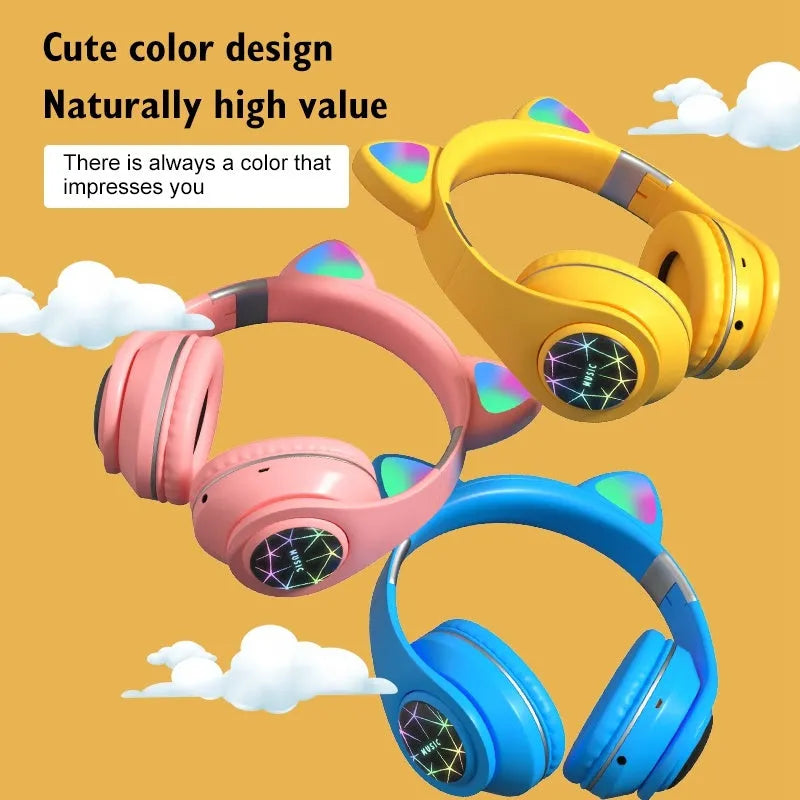 Cat ear wireless Bluetooth sports headset shown in multiple colours including pink, blue, and yellow on a white background.