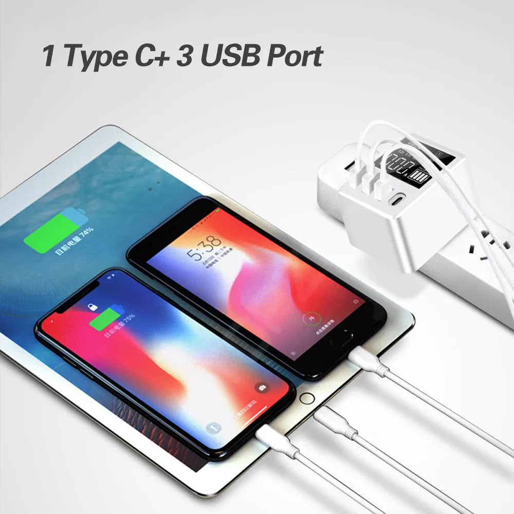 White 4-port USB travel charging head with LED display and multiple regional plug adapters