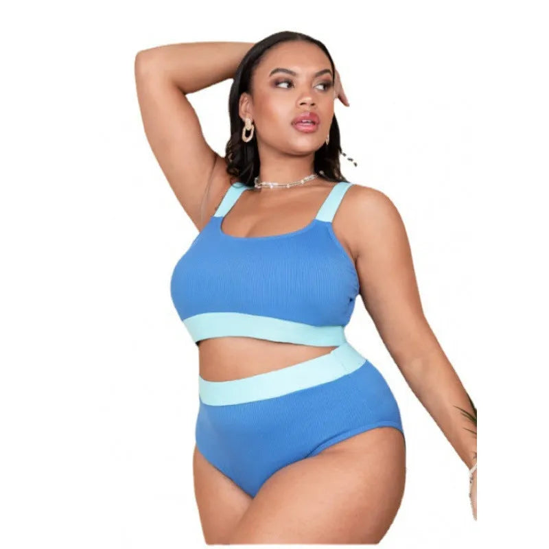 Women's pure colour high-waist bikini set with stitching detail and split styling