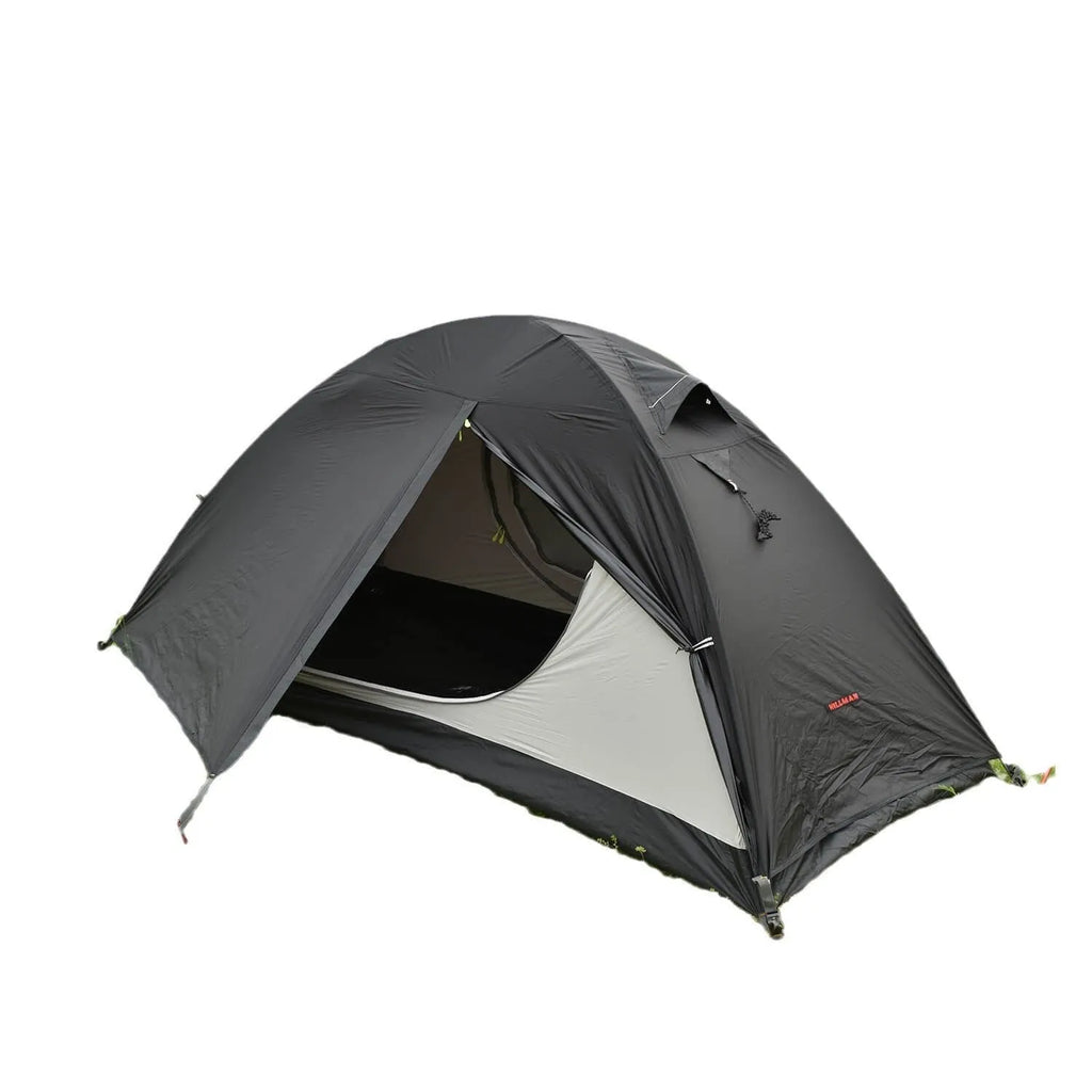 Single person camping tent with aluminium poles in red colour, showing double-layer construction