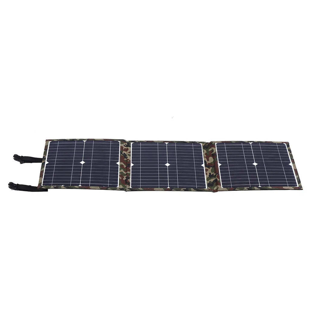 Black foldable 36W portable solar panel with USB outputs for device charging