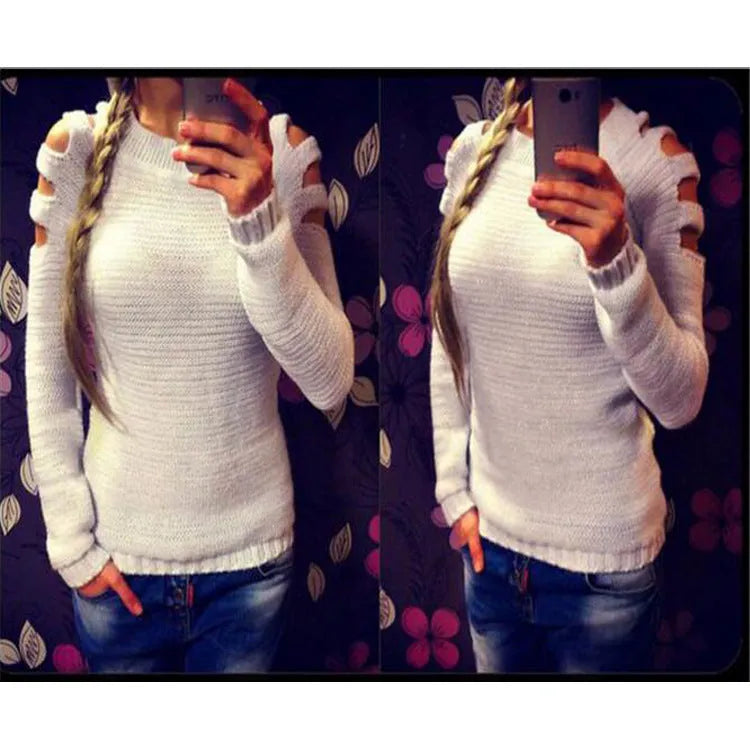 Women's solid colour knitted shirt with crocheted hollow-out design on round neck long sleeves