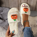 Halloween pumpkin cartoon plush open toe slippers in white and yellow colours with synthetic fur upper
