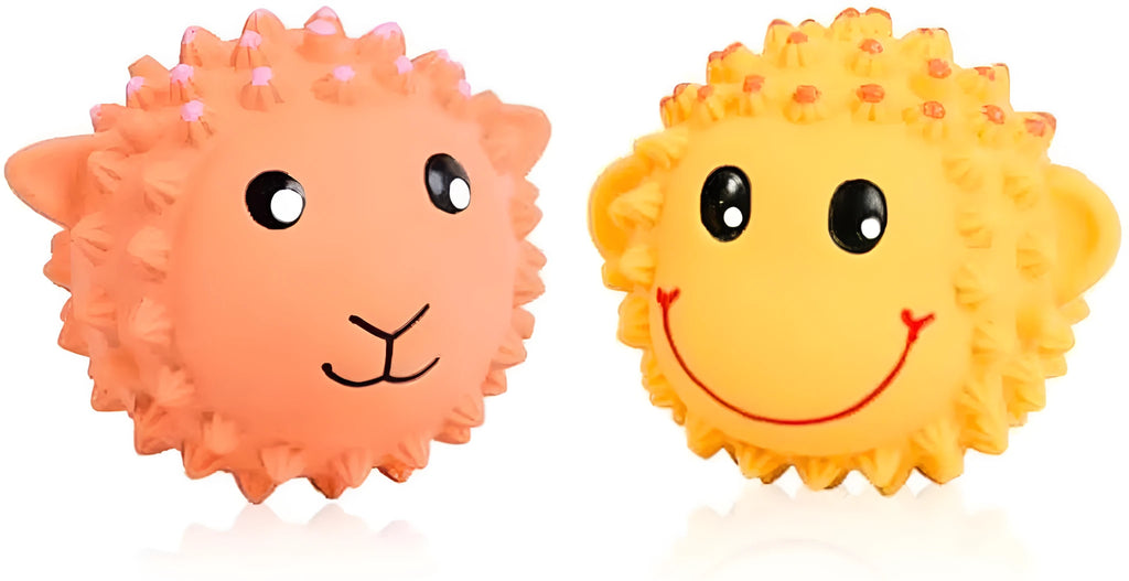 Orange and yellow squeaky latex dog toys with spiky texture for dental cleaning, 3-inch diameter
