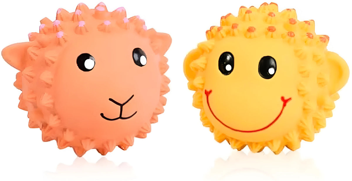 Orange and yellow squeaky latex dog toys with spiky texture for dental cleaning, 3-inch diameter