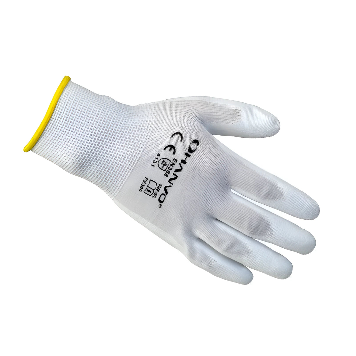 White PU coated labour gloves showing flexible construction and extended 24cm wrist coverage