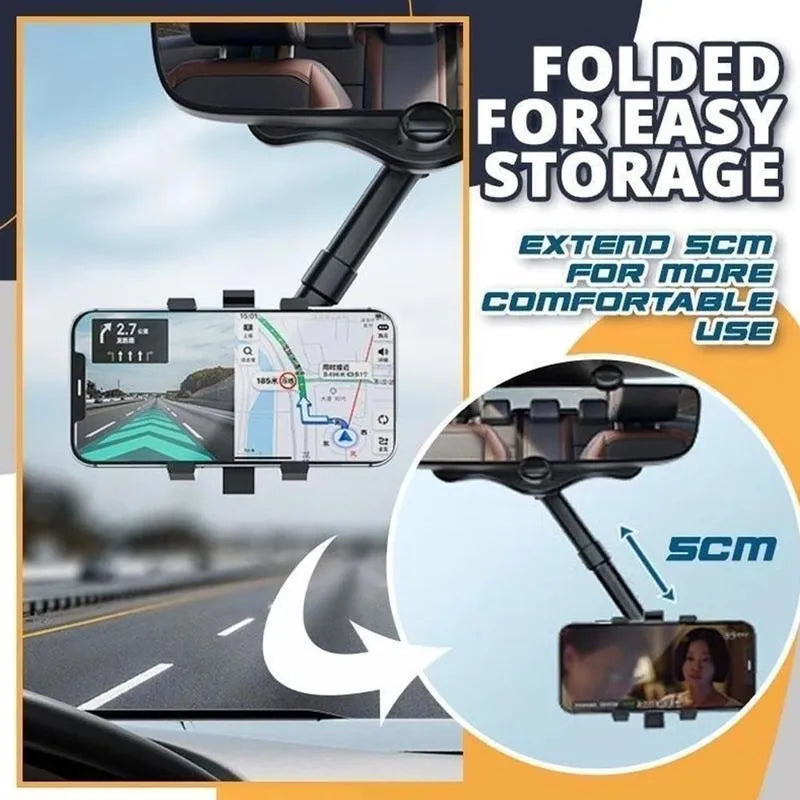 Black rearview mirror car phone holder with telescopic arm and four-claw phone grip, shown in a vehicle.