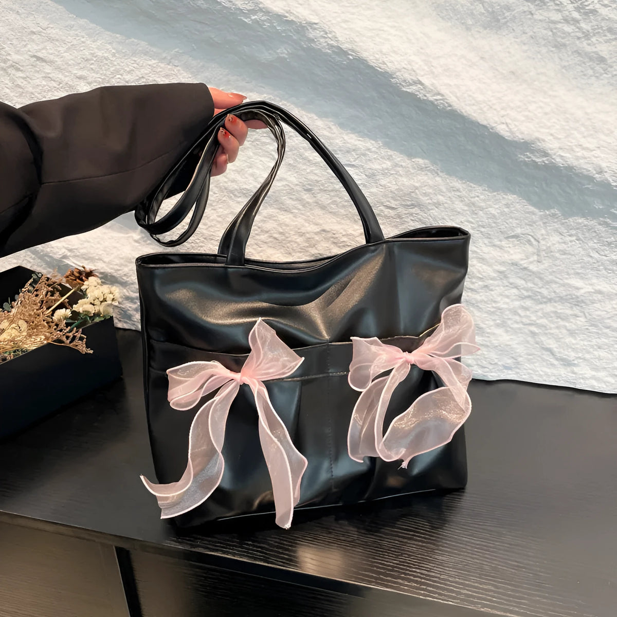 College style bow tote bag with large capacity and adjustable double shoulder straps