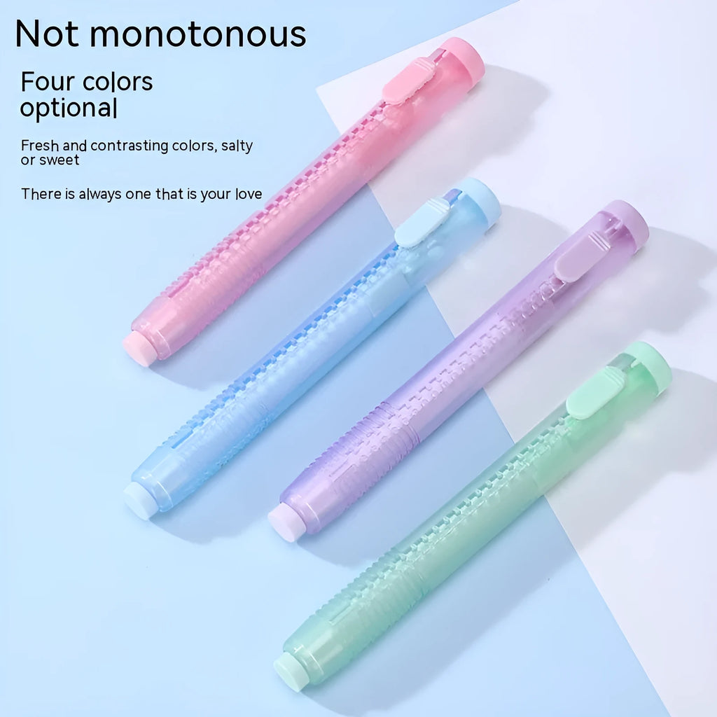 Push type traceless automatic eraser in blue, green, pink and purple colours measuring 12x8 cm