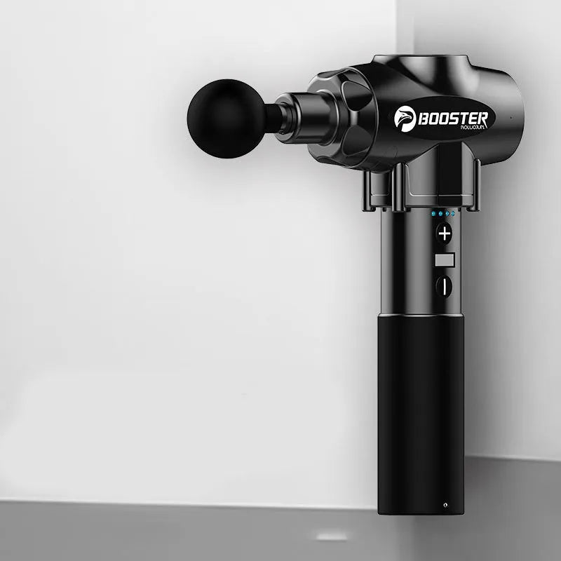Black and white cordless handheld muscle massage gun with 24V battery and variable speed control