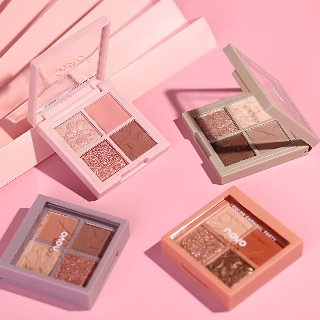 NOVO four-colour eyeshadow palette for cosmetic use with shades 01 Jiao Shi, 02 Pure, 03 Rotten and 04 Fragrance