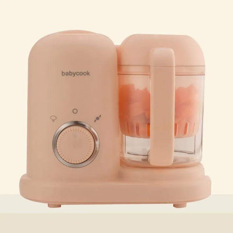 Green baby food processor with steamer and blender functions showing control panel and processing bowl