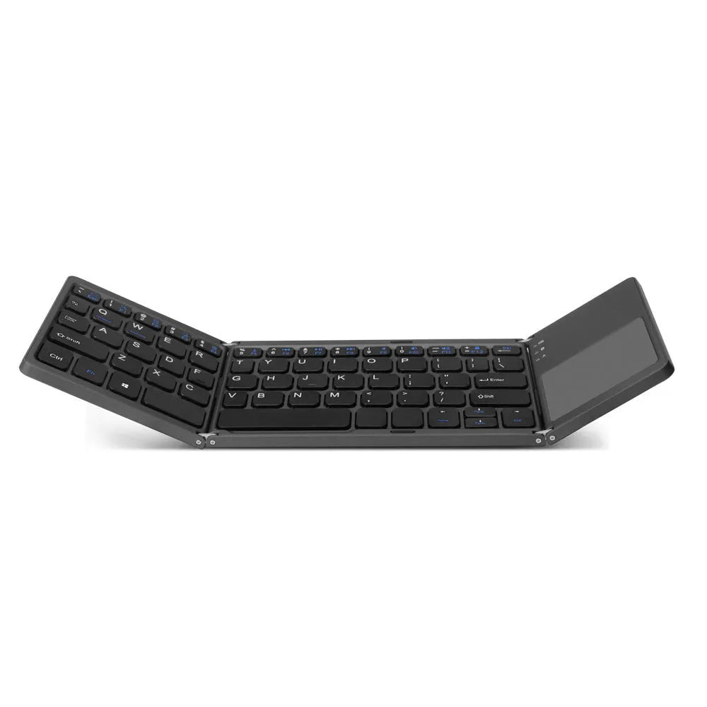 Tri-fold folding touch Bluetooth keyboard shown in black colour with touchpad, compatible with iPhone Android Microsoft devices