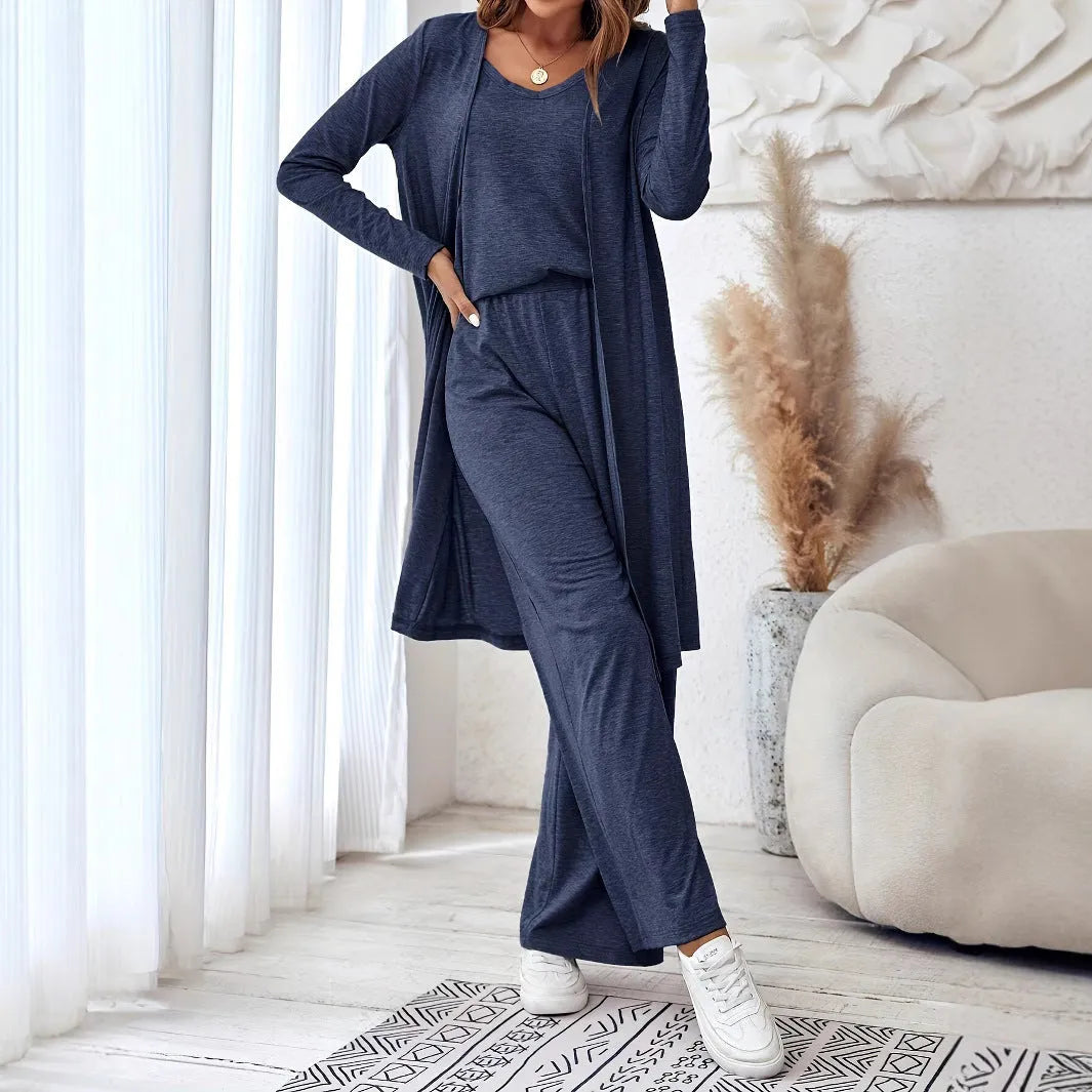 Women's blue polyester casual three-piece suit set with top, trousers, and suspenders